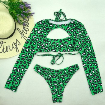 Two Piece Split Bikini Suits Personality Leopard Hollow Lace-up Top and Low Waist Trunks